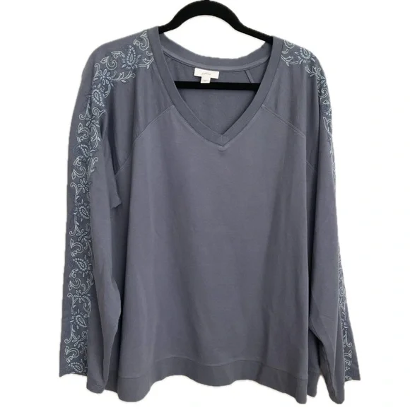 J. Jill Fit 2X Slate Blue V-Neck Pullover with Embroidered Sleeves - Picture 11 of 11